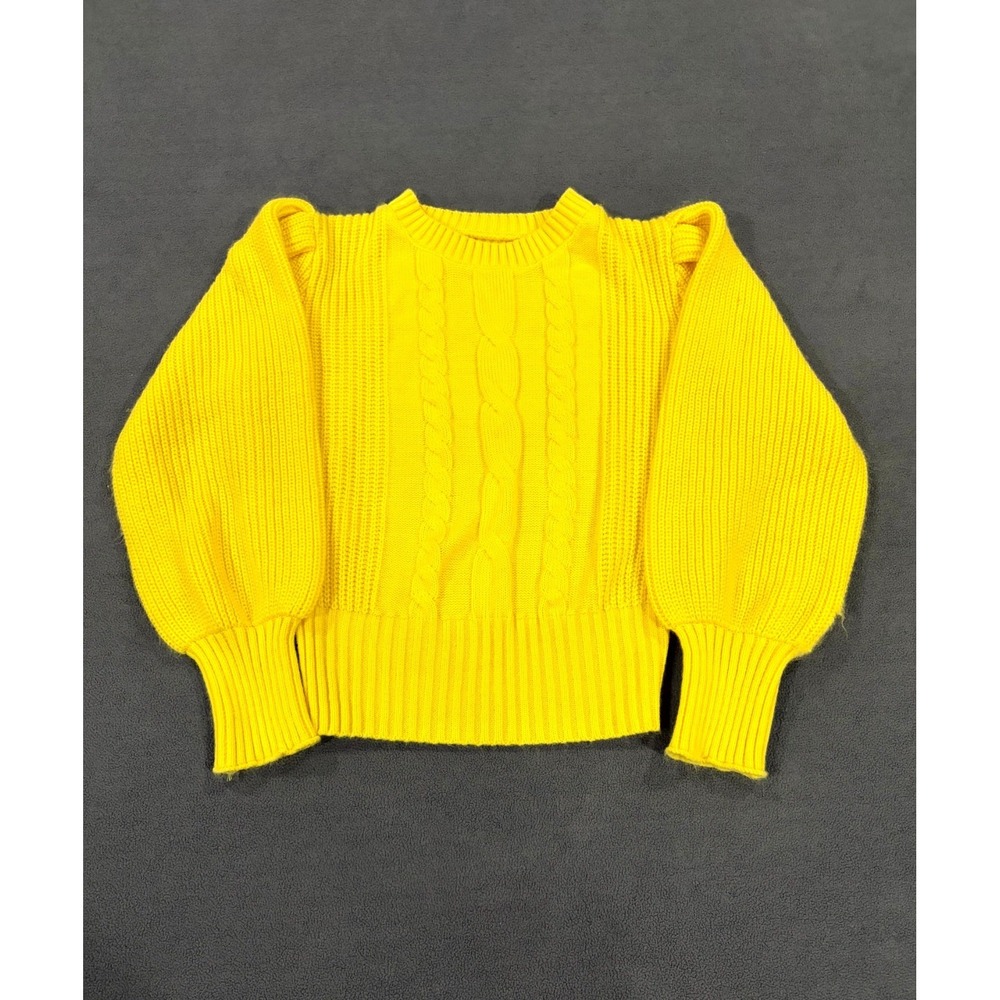 Shein Sweater Womens 4 Yellow Cable Knit Ribbed Trim Puff Sleeve Crew‎ Neck